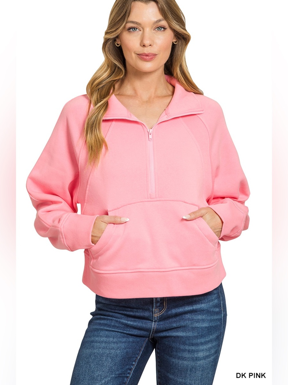Zenana Dk Pink Fleece Half-Zip Kangaroo Pocket Sweatshirt